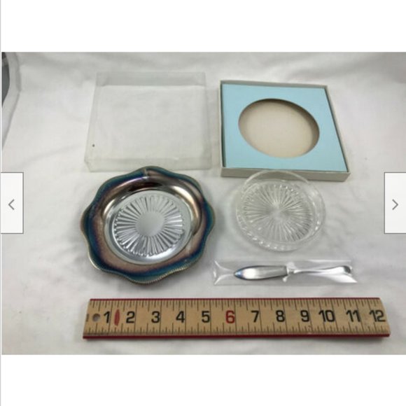 Vtg UNUSED Viking Plate Silverplate Cheese Serving Tray w Glass Dish & Knife - Picture 4 of 7